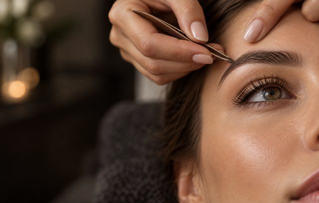 Close-up of precision eyebrow shaping with tweezers at Saiba Hair Salon & Spa