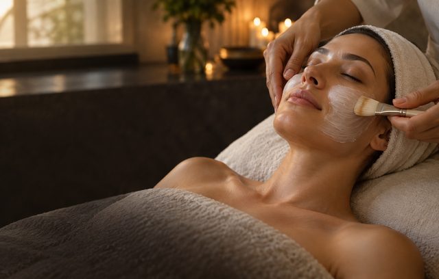 Esthetician applying a facial mask to a client during a spa facial at Saiba Hair Salon & Spa