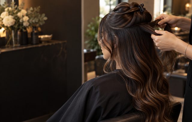 Client receiving rich brunette hair color with dimensional highlights at Saiba Hair Salon & Spa