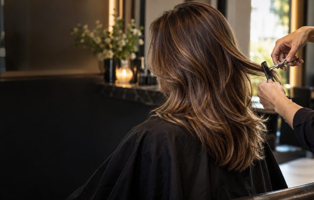Stylist trimming a client’s hair with scissors and comb at Saiba Hair Salon & Spa