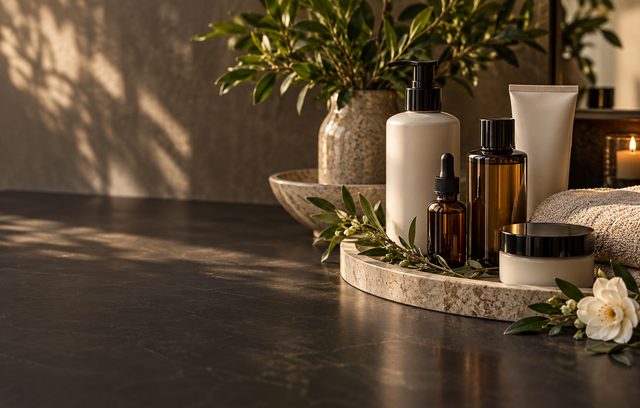 Premium retail hair and skin care products displayed at Saiba Hair Salon & Spa